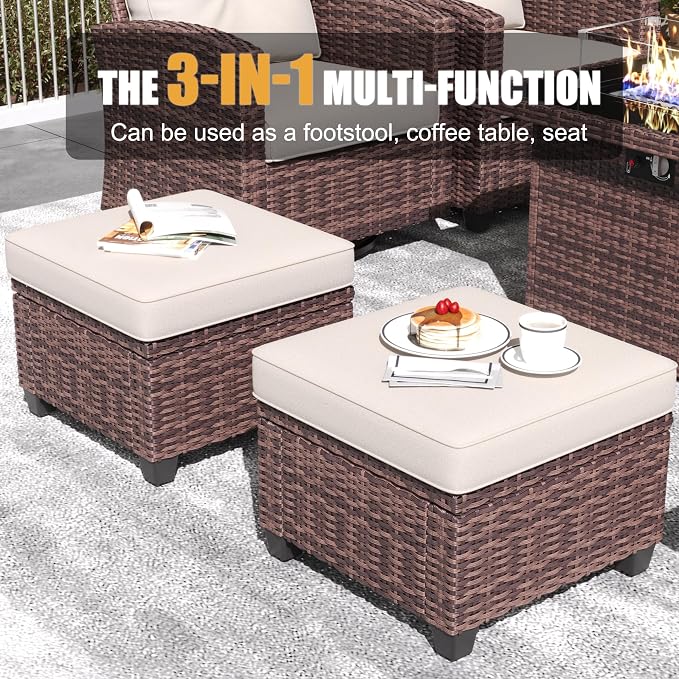 LayinSun 7 Pieces Patio Furniture Set with Swivel Chairs, Rattan Wicker Rocking Glide Chairs with 44" Propane Gas Fire Pit Table Conversation Set