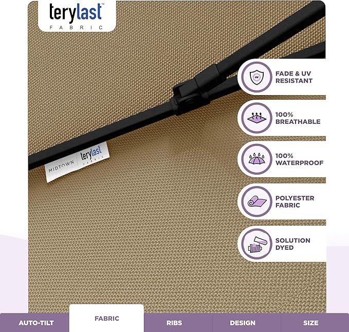 Midtown Umbrellas - 10-Year-No-Fade 8 Ft Patio Umbrella with Terylast Fabric, Auto-Tilt Aluminum Frame and 8 Reinforced Ribs for Deck, Pool, Garden & Beach - Chestnut Beige Canopy, Black Pole