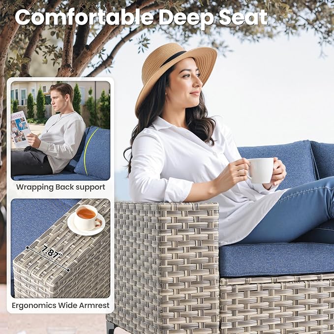 ovios 5-Piece Patio Furniture Set with L-Shape Sofa Chaise, Outdoor Sectional Couch Solar Table, Modern Modular Wicker Rattan Conversation Set, Denim Blue