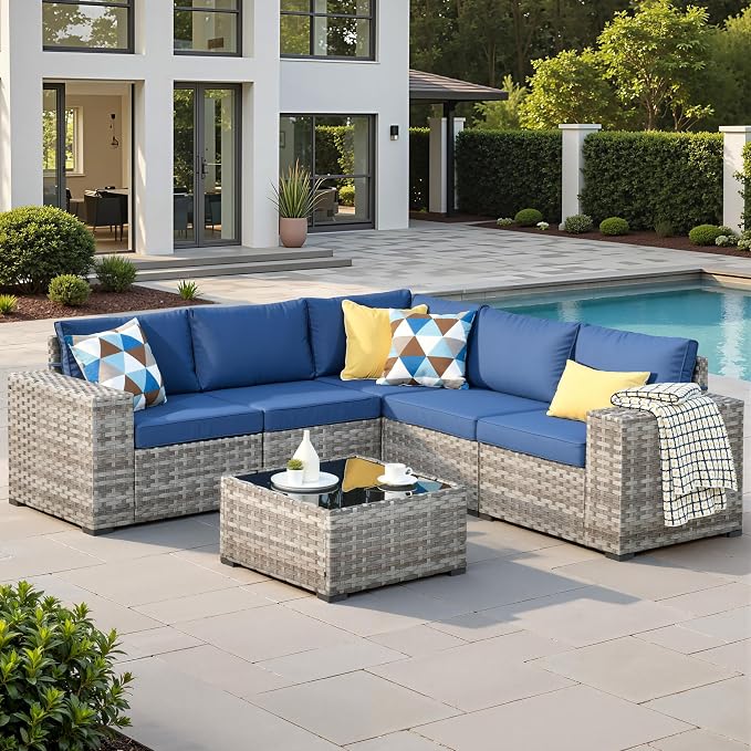 6 Pieces Patio Furniture Set, Outdoor Wicker Sectional Sofa with 7.7" Extra Wide Armrests, Modern Rattan Modular Conversation Set with Thickened Deep Seat Cushions for Backyard, Navy Blue