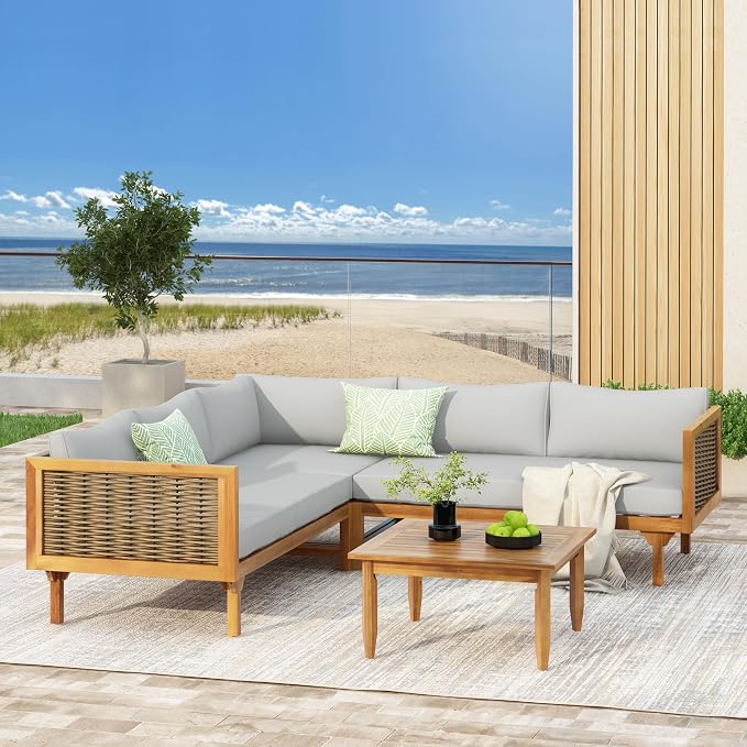 Christopher Knight Home Tenntt 5-Seater Acacia Wood Patio Furniture Set, Outdoor Conversation Sofa Chat Set with Coffee Table, Wicker Arm, Sectional Seating Group for Backyard Balcony, Teak+Light Gray