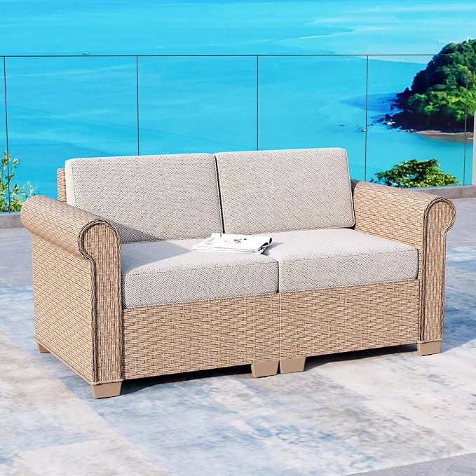 SUNSHINE VALLEY Patio Rattan loveseat, 2-Seat Wicker Rattan Sofa with 5.5" Thick Waterproof Cushions, All Weather Outdoor Conversation Set for Lawn Backyard Garden and Deck, Beige