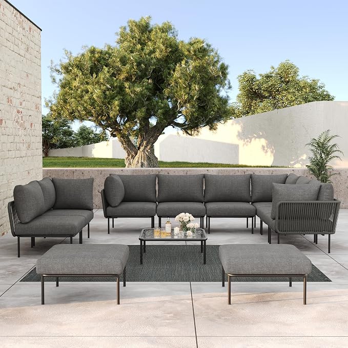 LayinSun 11 Pieces Aluminum Patio Furniture Set, Modern Modular Sectional Sofa with Coffee Table and Upgrade Thickness Cushion
