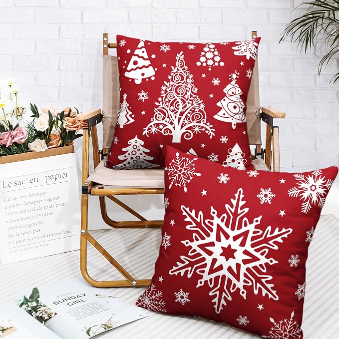 Christmas Pillow Covers 20x20 White Xmas Tree with Snowflakes Decorative Pillow Covers Set of 2 Red Winter Holiday Pillow Case for Home Decorations Couch Outdoor