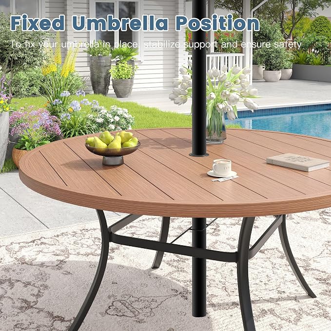 DIFY Outdoor Dining Set for 8, 9 Piece Patio Table and Chairs Set, Swivel Patio Dining Chairs with Brown Textilene & 60" Walnut Round Metal Dining Table with Umbrella Hole, for Garden Backyard Deck