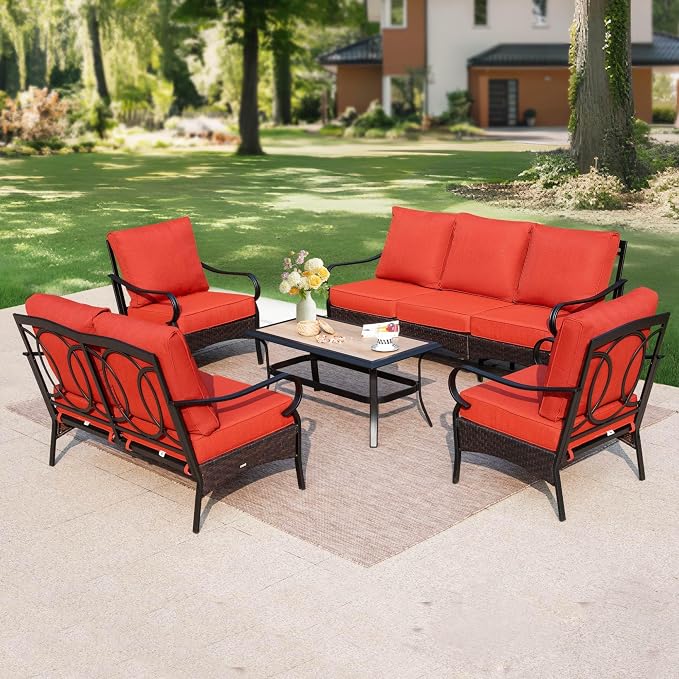 PHI VILLA Outdoor Modern Patio Furniture Set, Upgraded Wicker & Metal Patio Conversation Set with Waterproof Thick Cushions for Porch, Poolside, Yard (5 Pieces,Red)