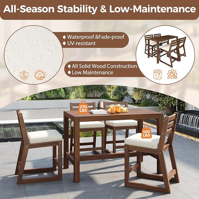 5-Piece Rustic Patio Bar Set, Acacia Wood Bar Table & Chairs with Slatted Tabletop for Backyard, Balcony, Poolside (Mocha11)