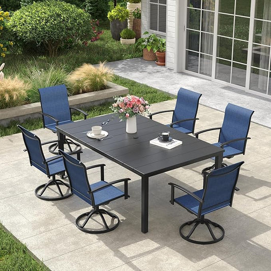 VICLLAX 7 Pieces Patio Dining Set, Patio Furniture Set of Metal Outdoor Table with Umbrella Hole and 6 Swivel Patio Chairs for Backyard Lawn, Dark Blue & Black