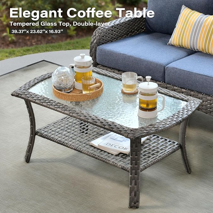 5 Pieces Patio Conversation Sets,Patio Furniture Set with Swivel Rocking Chairs and Coffee Table, All Weather Rattan Wicker Small Outdoor Sectional Furniture Set with Loveseat for Porch Balcony Blue