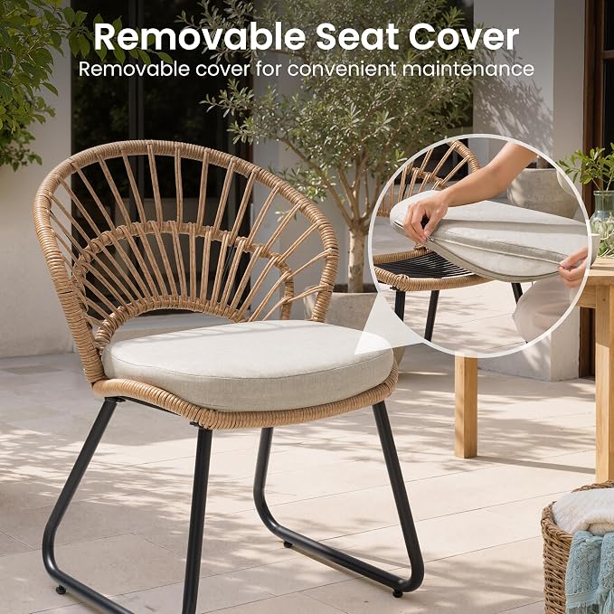 Boho Patio Dining Chairs Set of 2, Hand-Woven Rattan Outdoor Chair | Shell Shaped Back with 2.6” Beige Thick Soft Cushion, Sled Metal Frame Patio Side Chairs for Garden Backyard Porch