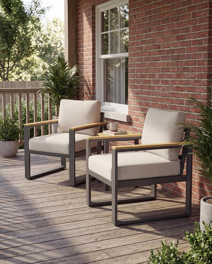 Aluminum Patio Furniture Armchair Set of 2, Metal Outdoor Chairs with Upgraded Cushions, All-Weather Outdoor Single Sofa for Balcony, Garden, Deck, Backyard, Beige