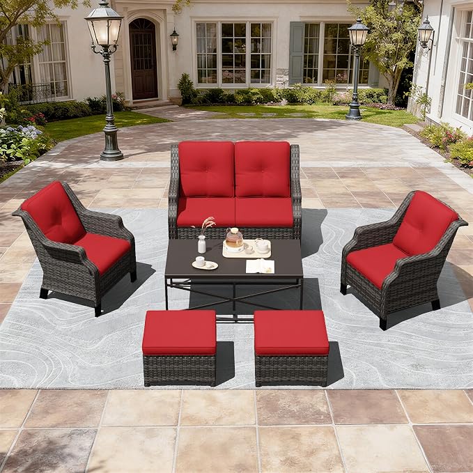 Outdoor Patio Furniture Set, 6 Piece Wicker Patio Furniture with Thick Cushions, Curved Armrest, Deep Seating, Rattan Outdoor Chairs for Porch, Deck, Balcony