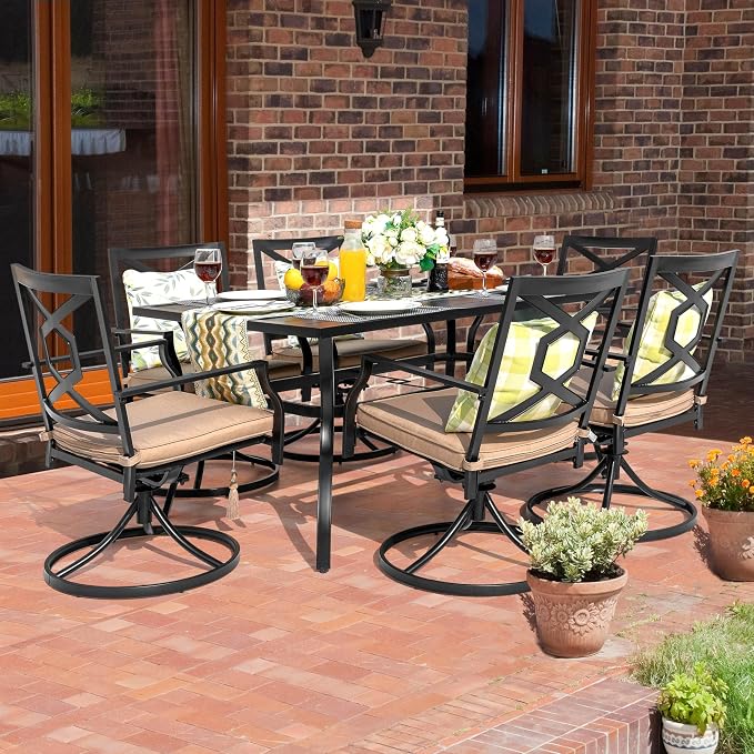 NUU GARDEN 7 Piece Outdoor Patio Dining Set, 6 Swivel Rocker Chairs with Padded Cushions, 61" x 37" Rectangle Iron Dining Table with 1.57" Umbrella Hole,Black and Beige Cushion