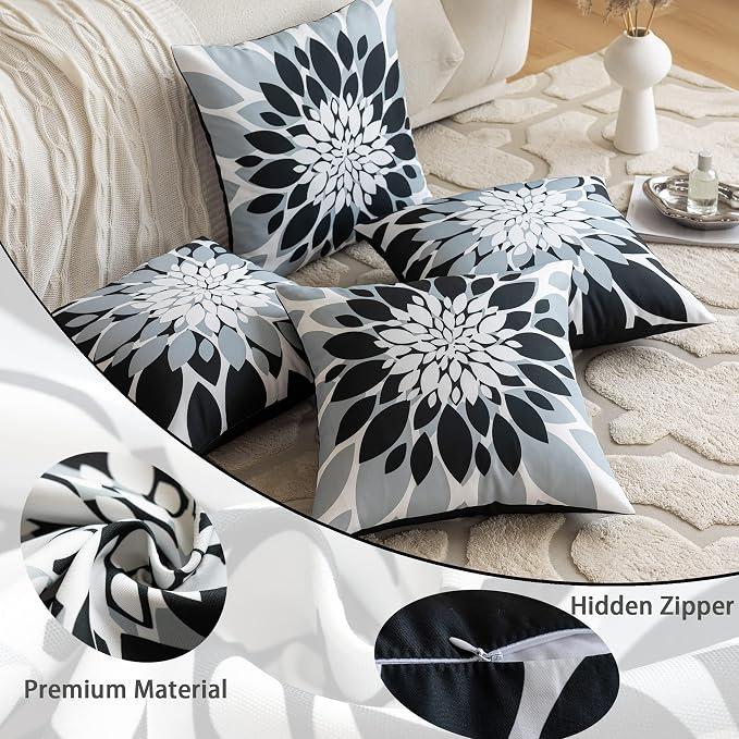 Pack of 4 Outdoor Waterproof Pillow Covers 20x20 Decorative Outdoor Throw Pillows Garden Square Cushion Cases for Patio Furniture, Couch, Tent Sunbrella, Bench, Black Grey