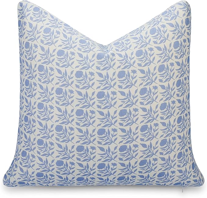 California Casual Coastal Indoor Outdoor Throw Pillow Cover, 20"x20" Water Repellent for Patio, Backyard, Couch, Poolside, Light Blue Print Floral and Leaves Geometric
