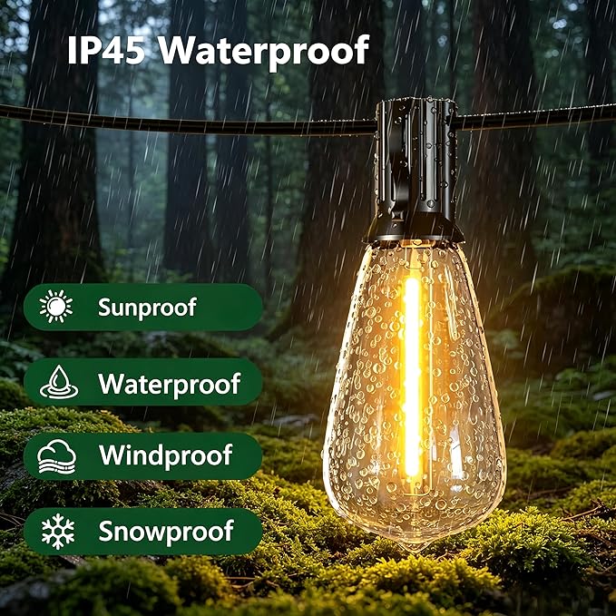 Outdoor String Lights 50FT 26 LED, Waterproof Dimmable Patio Lights | Remote Control, Shatterproof Edison ST38 Bulbs, Timer, Plug-In, Warm White Hanging Light for Garden Yard Porch Deck Decor