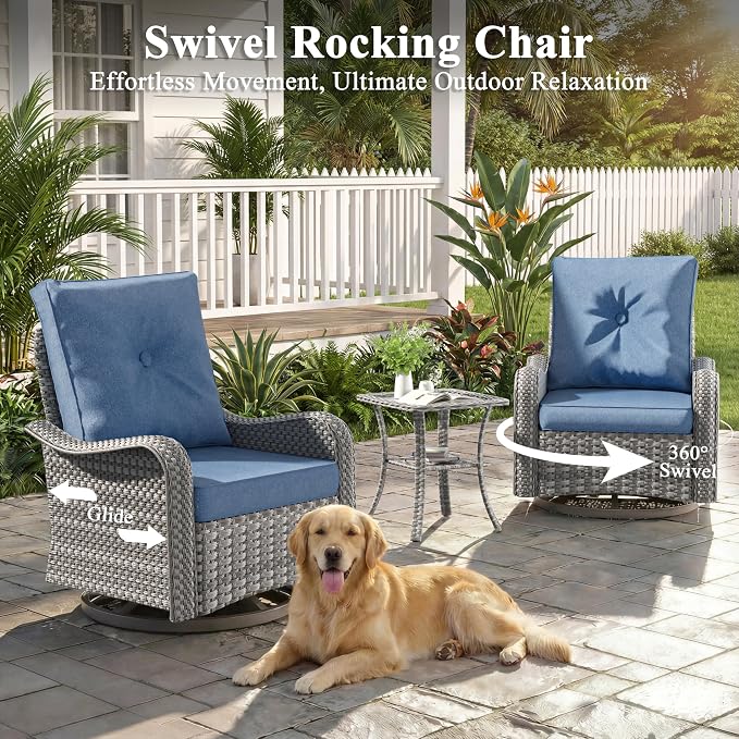 2-Seat Modern Patio Furniture Set with Swivel Rocking Chairs, Thick 4″ Cushions, Dual-Strand Wicker Rattan, Rust-Resistant Steel Frame – Outdoor Conversation & Modular Sectional,Navy