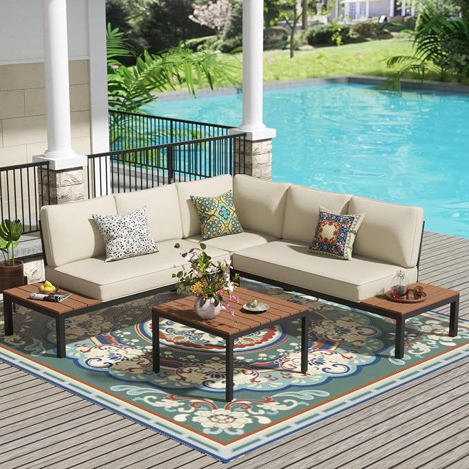 NATURAL EXPRESSIONS Outdoor Furniture Set, L Shape Patio Sectional, Metal Corner Couch Sofa Set with Side Tables, Detachable Backrest, Fauxwood Coffee Table, Beige Olefin Cushions for Garden Deck