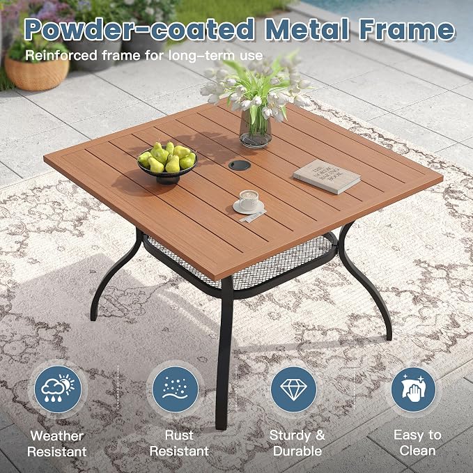 DIFY 5 Piece Outdoor Patio Dining Set for 4, 37.8" Walnut Square Metal Dining Table and Swivel Patio Chairs with Brown Padded Textilene, All-Weather Outdoor Furniture Set for Garden Backyard Porch