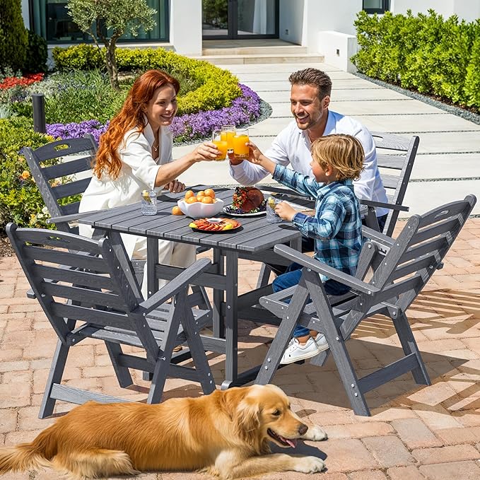 5-Piece Outdoor Dining Set, No-Assembly Foldable Chairs, All-Weather HDPE Outdoor Table and Chairs with Elegant Armrest, Patio Furniture Sets with Umbrella Hole for Patio, Gray