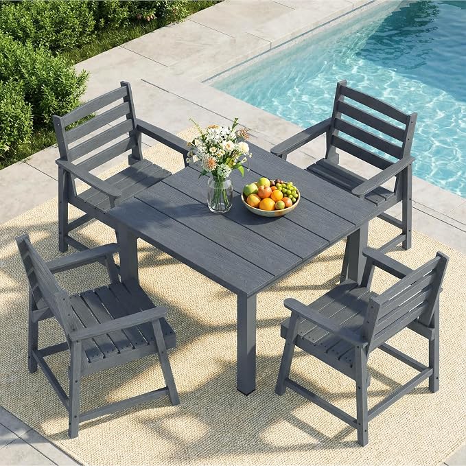 LOUNZY 5 Piece Outdoor Table and Chairs Set, HDPE Weather Resistant, Gray | 4 seat HDPE patio dining set, fade resistant and waterproof, easy clean, ideal for small outdoor spaces