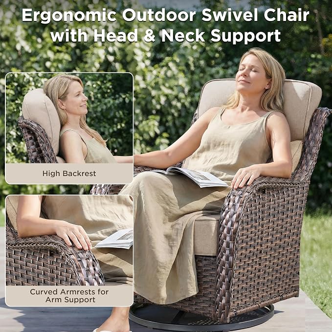 Luxury 5 Piece Patio Furniture Set-All Weather Outdoor Swivel Rocker Chairs with 6" Thick Cushions Multifunctional Ottoman Rattan Patio Conversation Sets for Porch Deck Garden Backyard(Brown/Beige)