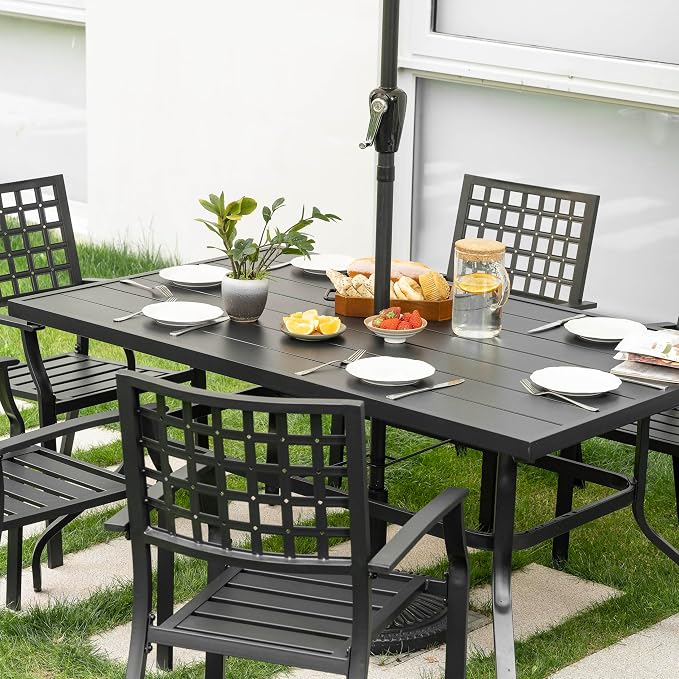 NUU GARDEN Outdoor Patio Dining Set, Black Powder-Coated Finish, 6 Dining Chairs and 61'' x 37'' Rectangle Dining Table with 1.57'' Umbrella Hole, Iron Frame, for Outdoor and Indoor Space