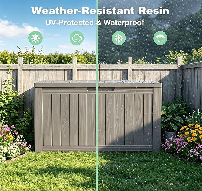 LAUSAINT HOME 260 Gallon Resin Deck Box, Outdoor Toy Storage Box, Package Delivery Box with Lockable Lid, Waterproof Outdoor Storage Box For Garden Tools, Patio Cushions(260 Gallon,Grey)