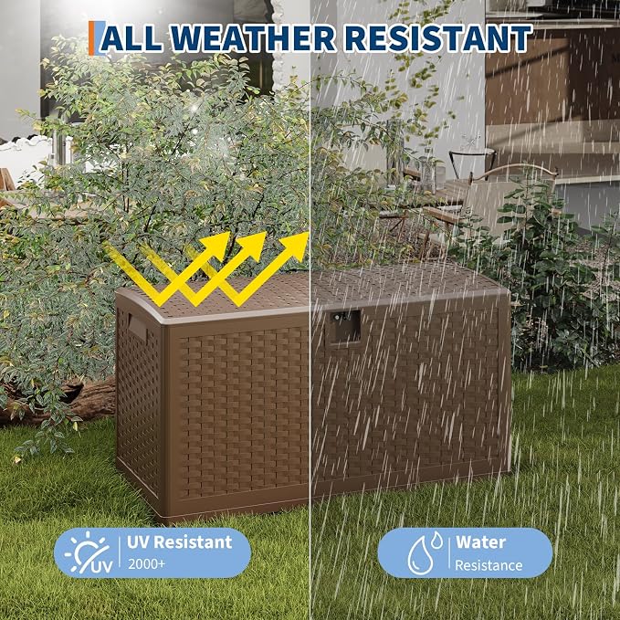 80 Gallon Brown Resin Deck Box, Waterproof Lockable Outdoor Storage Box, Multifunctional Patio Storage Container for Furniture Cushions, Garden Tools, Pool Accessories & Package Delivery