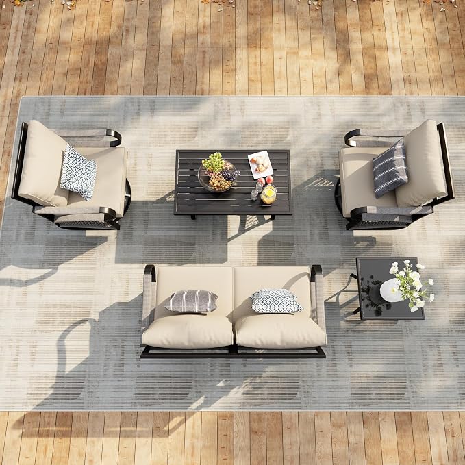 5 Pieces Outdoor Conversation Set, Rope Patio Furniture Sets Metal 2 Swivel Rockers with Side Table Loveseat Sofa with Coffee Table, Beige Cushions