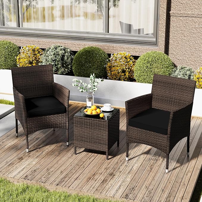 RELAX4LIFE 3-Piece Patio Furniture Set - Rattan Wicker Outdoor Conversation Set w/Cushions & Glass Coffee Table, Balcony Furniture for Porch Garden Backyard, Bistro Table and Chairs Set of 2 (Black)