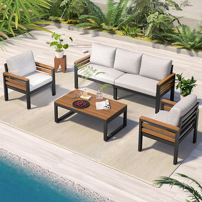4-Piece Patio Set, Outdoor Furniture Sofa Set for 5 People with Acacia Wood Armrests, Conversation Set with Solid Wood Coffee Table, 2 Single Chairs, 3-Seater Sofa for Garden and Backyard (Beige/453)