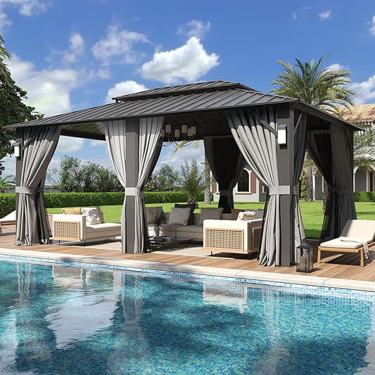 Aoxun 16'x12' Hardtop Gazebo with 4 LED Lights, Outdoor Gazebo with Galvanized Steel Double Roof, Patio Gazebo with Breathable Netting & Privacy Curtain, Decor Hooks for Backyard, Gray