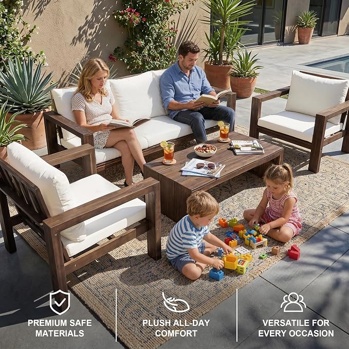 4 Pieces Patio Sofa Set Outdoor Seating Group 5-Person Sofa Set Outdoor Conversation Set with Cushions and a Coffee Table for Garden, Backyard,Balcony,Poolside (Mocha#50)
