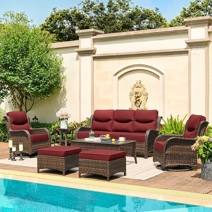 HILLGA Luxury Outdoor Patio Furniture Set with 6-Inch Thick Cushions,High Back Wicker Swivel Rocker Chairs, 7 Pcs All Weather Conversation Set for Large Deck, Yard and Poolside, Burgundy (V3)