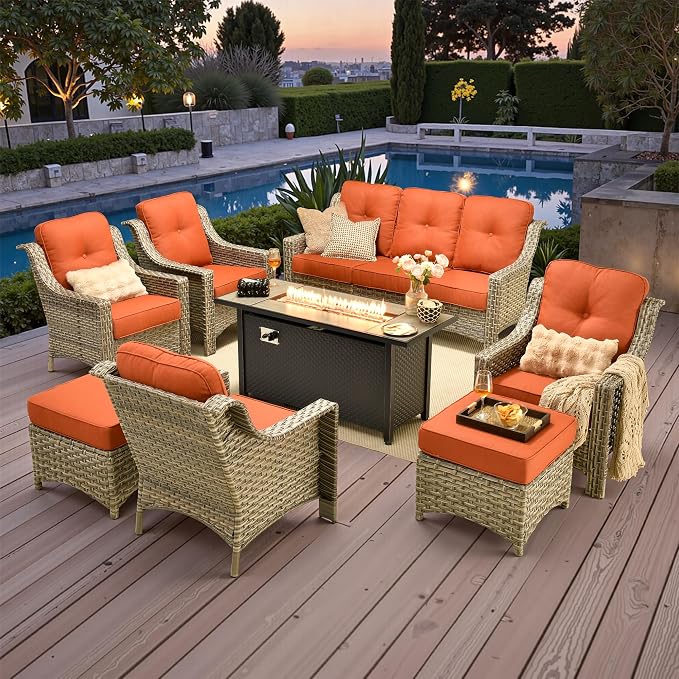 Outdoor Patio Furniture Sets, 8 PCS Patio Conversation Set Outside Rattan Sofa with 54 in Fire Pit Table Comfy Cushions Fit Backyard Porch Garden Poolside Balcony,Orange Red