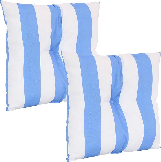 Sunnydaze Tufted Indoor and Outdoor Decorative Throw Pillows - 19-Inch Square Patio Cushions Set of 2 - Weather-Resistant Polyester - Beach-Bound Stripe