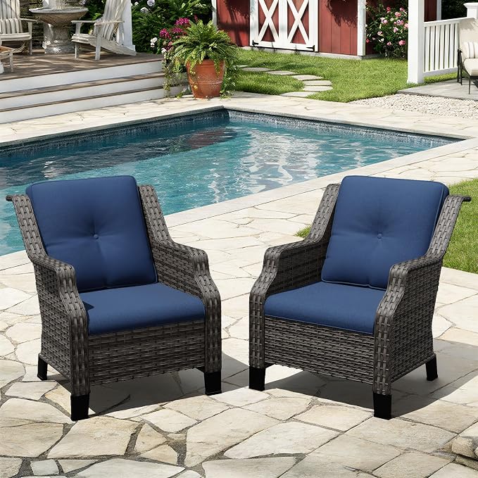 Outdoor Patio Chairs Set of 2, Wicker Patio Furniture with Thick Cushions, Curved Armrest, Deep Seating, Rattan Outdoor Chairs for Porch, Deck, Balcony