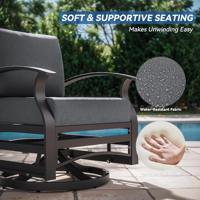 Kurapika 5 Piece Modern Metal Outdoor Conversation Sets, Patio Furniture Set, 4 Aluminum Swivel Chairs w/48in Round Propane Fire Pit Table and Thickened Cushions, Grey