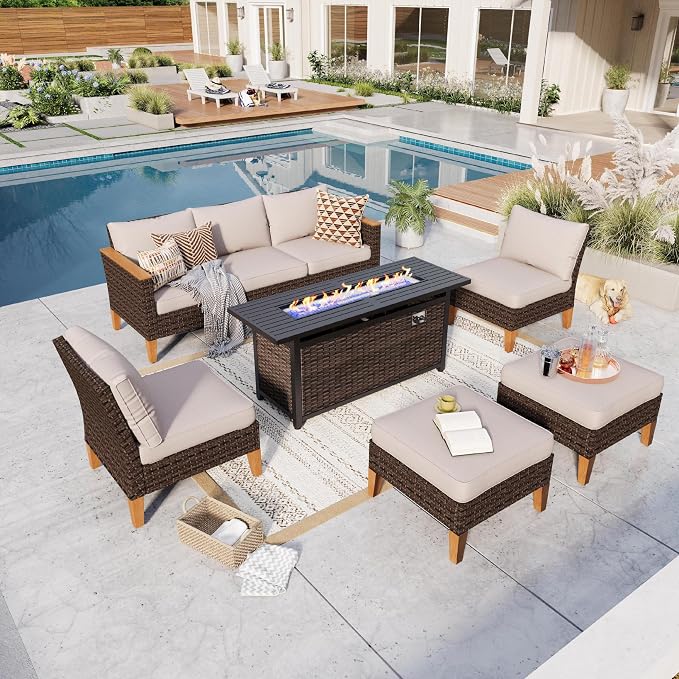 GREEN PARTY 7 Pieces Wicker Patio Furniture Set with 56" Fire Pit Table, All-Weather Outdoor Rattan Patio Sectional Sofa Conversation Set with 4" Thick Cushions for Garden, Backyard, 2 x Ottomans