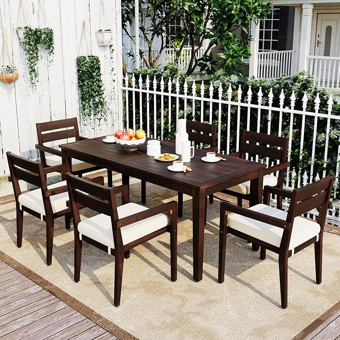7 Piece Patio Dining Set, 70.9" Rectangular Acacia Wood Outdoor Dining Table & 6 Dining Arm Chairs with Cushion, Suitable for Outdoors and Indoors (Dark Brown@015)