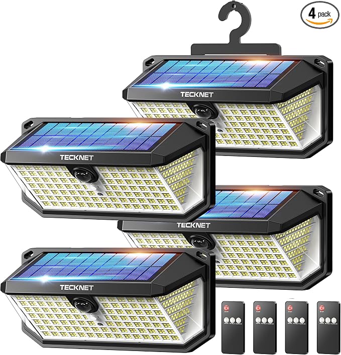 TECKNET 546 LED Motion Sensor Outdoor Lights with Remote Control Hook 2Pack | 7500LM Solar Lights Outdoor with 2200mAh & IP66 Waterproof, 300° Angle & 3 Modes, Solar Lights for Patio Fence Garage