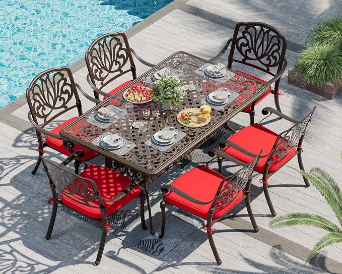 TITIMO 7-Piece Cast Aluminum Patio Dining Set, Outdoor Dining Furniture Patio Conversation Set, Rectangular Table w/Umbrella Hole for Backyard Deck Poolside (Red-Fixed Elizabeth Chair, 7 Pcs)