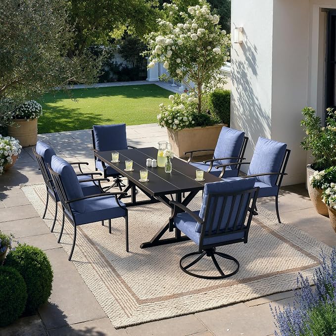 Kullavik 7 Pieces Outdoor Dining Set,Patio Dining Table and Chairs Set for 6,Fence Pattern Back Chairs with Thickened Cushions & X-Frame Metal Dining Table with Umbrella Hole for Patio,Navy Blue