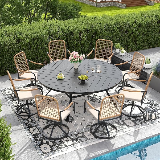 DIFY 9 Pieces Outdoor Dining Set, Metal Patio Table and Chairs Set for 8, 63" Round Dining Table with Umbrella Hole & Wicker Swivel Patio Chairs with Cushions, Black Tabletop