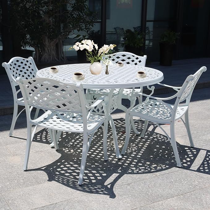 5 Piece Patio Dining Set Outdoor Patio Round Table and Chairs Set of 4 with Umbrella Hole,Cast Aluminum White Outdoor Bistro Dining Set, Patio Furniture Set for Garden,White