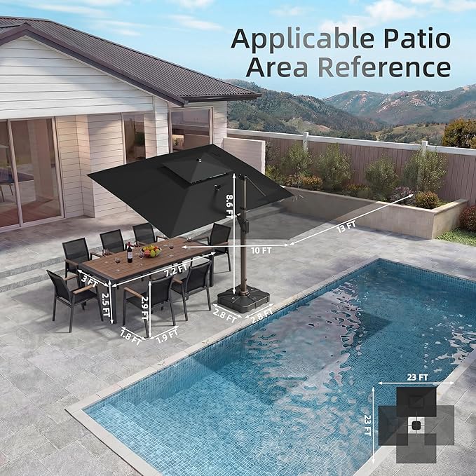 10 X 13 FT Cantilever Patio Umbrella with Led Lights Outdoor Rectangle Offset Large Double Top Heavy Duty Umbrellas with 360°Rotation for Pool Deck Backyard Garden, Black