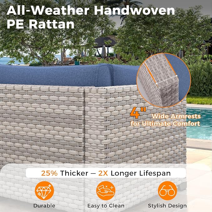 14-Seat Modern Patio Furniture Set with Swivel Rocking Chairs, Thick 4″ Cushions, Dual-Strand Wicker Rattan, Rust-Resistant Steel Frame – Outdoor Conversation & Modular Sectional,Navy