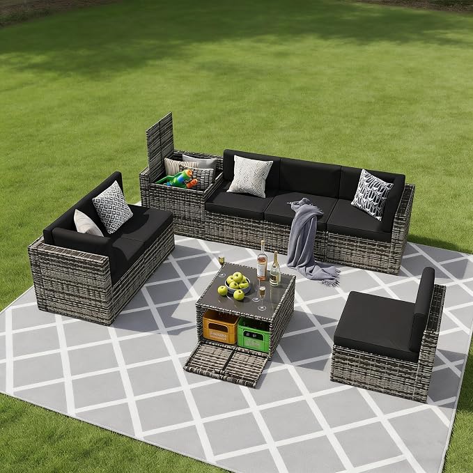 Aoxun 8 Piece Patio Furniture Set, Wicker Rattan Outdoor Furniture Set with Storage Box and Glass Top Table, Patio Sectional Set with Thick Cushions, Grey