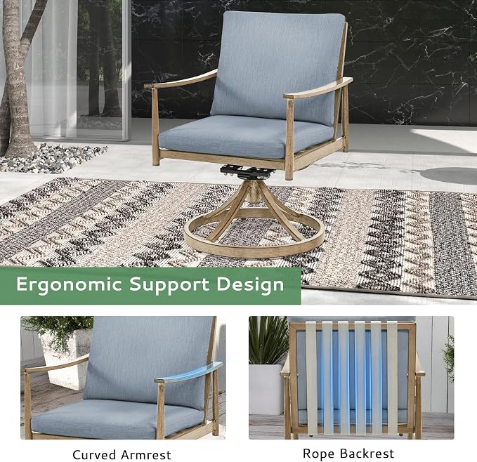 7-Piece Outdoor Dining Set for 6, Aluminum Dining Set with Cushions, 6 Swivel Chairs with Rope Backrest, Large Rectangular Table with Umbrella Hole, Patio Dining Set for Lawn Porch Yard,Brown